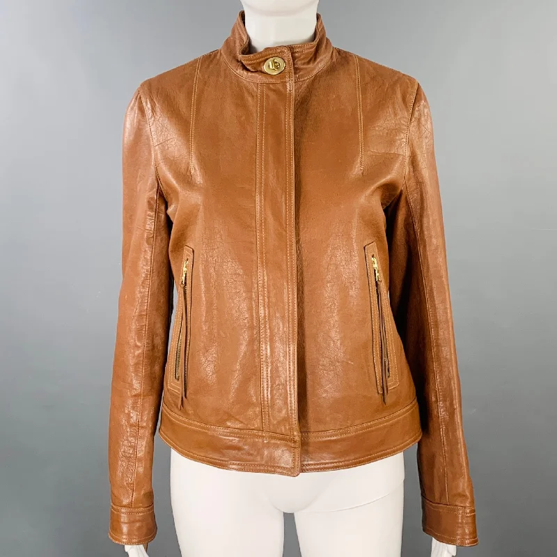 COACH Size 8 Brown Gold Leather Zip Pockets Jacket Tiered Jacket Buttoned Jacket Zippered Jacket