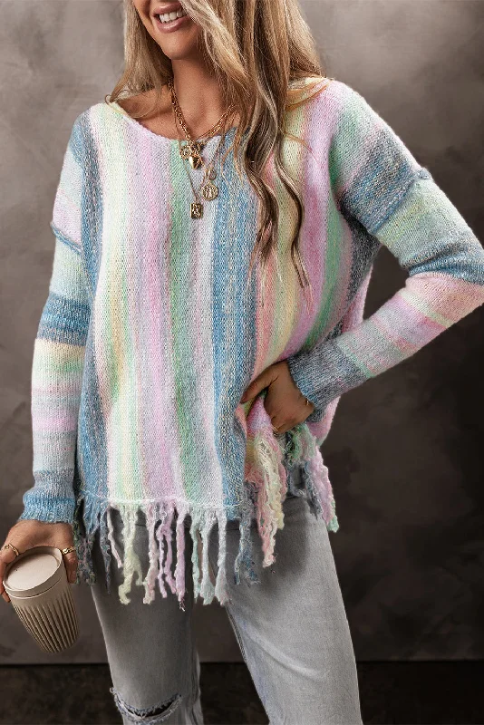 Color Block Fringed Drop Shoulder Tunic Sweater Hooded Caped Shawl Collar