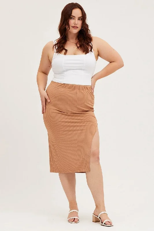 Brown Midi Bodycon Skirt Rib cotton skirt soft