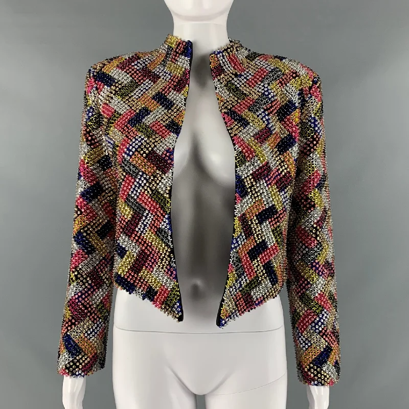 RUBIN SINGER Size M Multi-Color Silk Zig Zag Asymmetrical Jacket Hooded Jacket Caped Jacket Shawl Collar Jacket