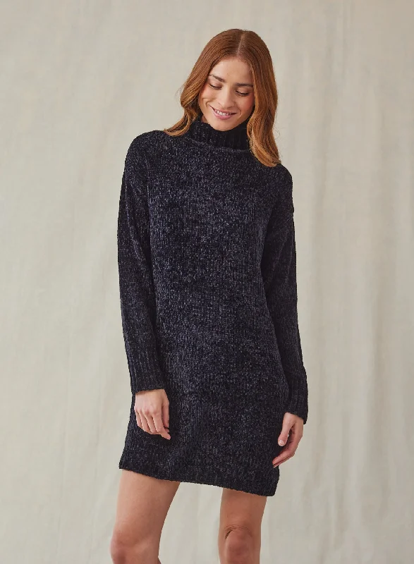 Turtle Neck Chenille Sweater Dress - Galaxy Smoke Slim Fit Regular Fit Oversized
