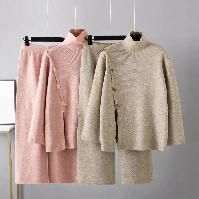 Loose Turtleneck Wide Leg Pants Women Sweater Sets Elasticated Padded Insulated