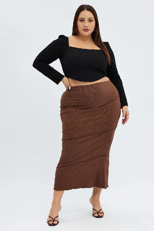 Brown Maxi Skirt Asymmetric Rib silk skirt luxurious