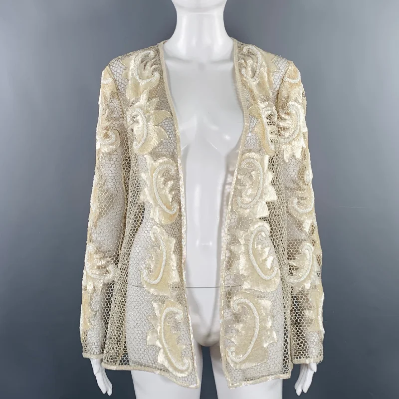 VINTAGE Size M Cream Silver Mesh Beaded Sequins Open Front Jacket Knit Fabric Woven Fabric Fleece Fabric