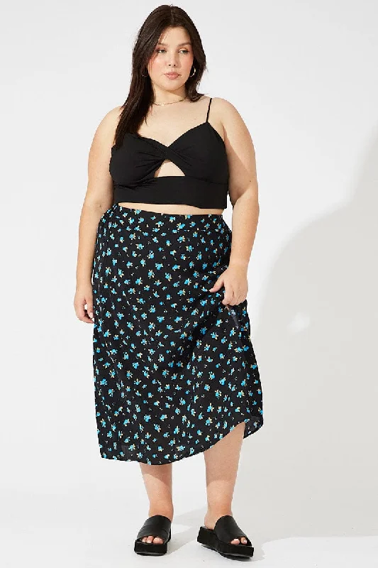 Black Ditsy Split Front Midi Skirt Ditsy Print satin skirt smooth