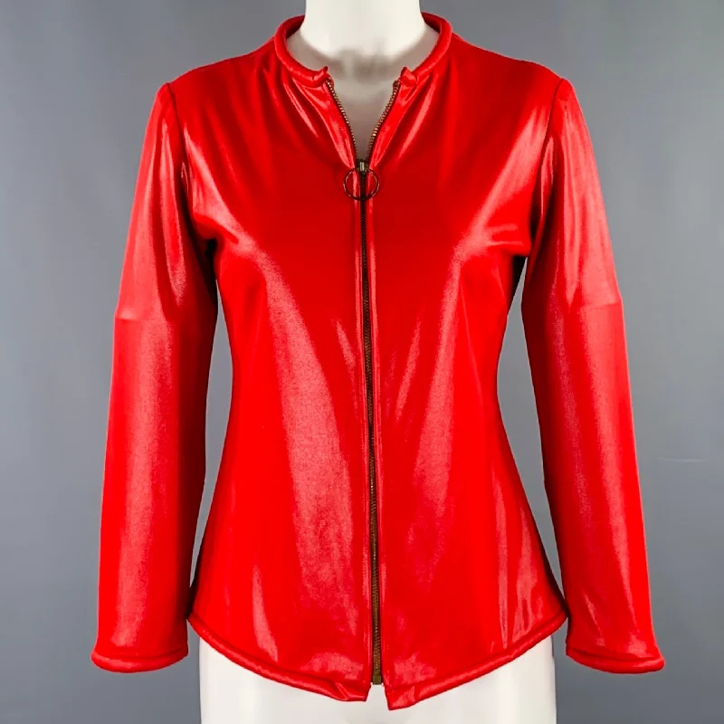 OSCAR DE LA RENTA Size M Red Zip Up Cover-Up Jacket Striped Jacket Polka Dot Jacket Floral Jacket