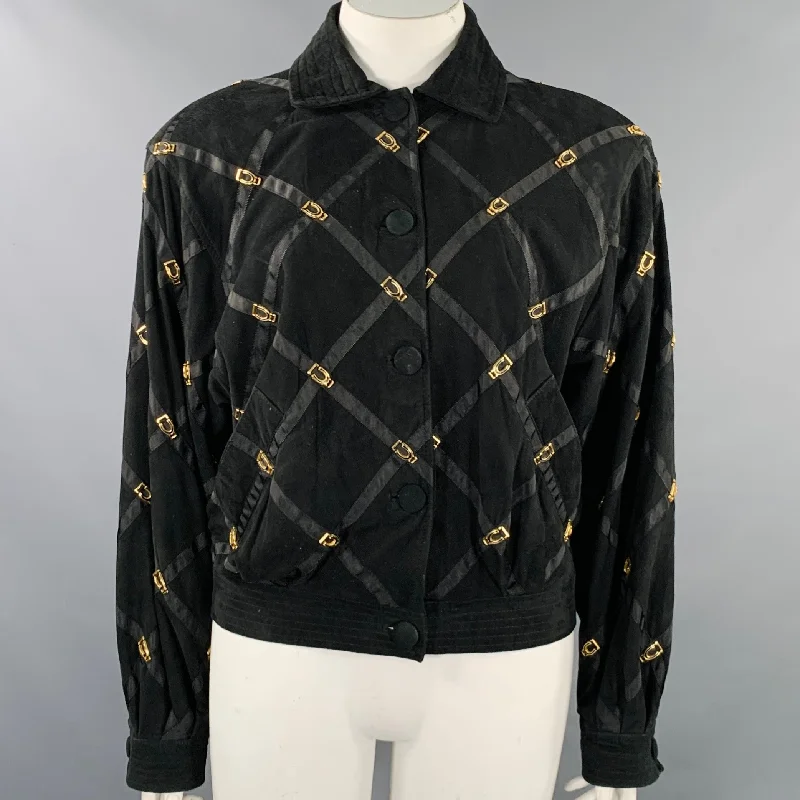 BRUNO MAGLI Size M Black Gold Suede Checkered Button Up Jacket Front Pockets Side Pockets Patch Pockets