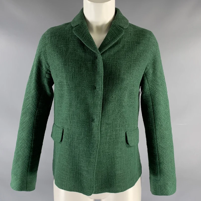 MAX MARA Size 4 Green Cotton Blend Woven Snaps Jacket Zippered Front Buttoned Front Snap Front
