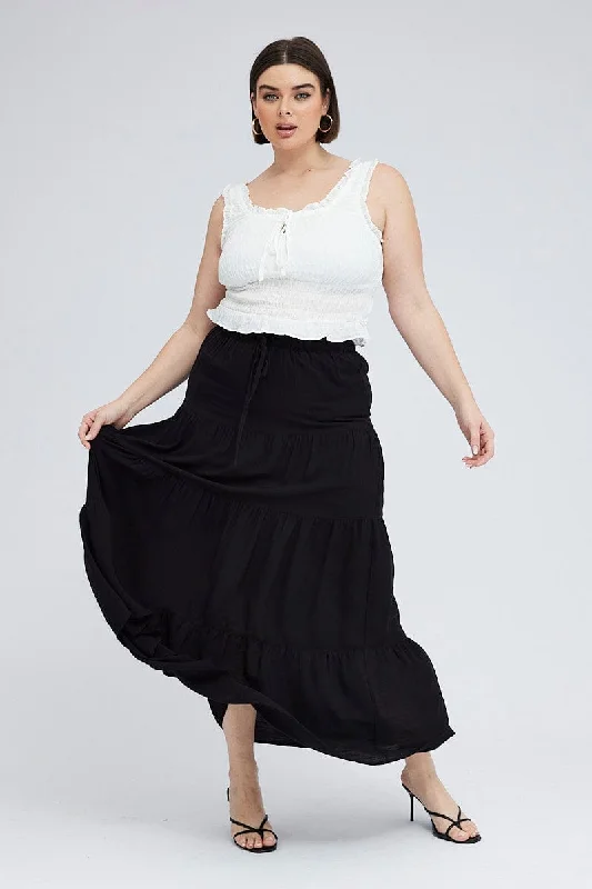 Black Maxi Skirt Tie Elastic Waist Textured silk skirt lustrous