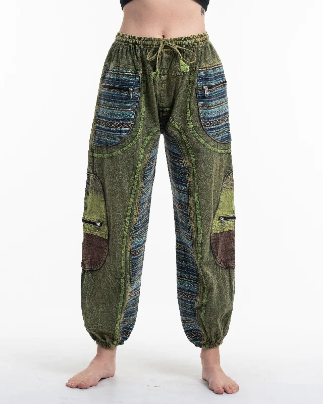Unisex Patchwork Stone Washed Cargo Cotton Pants in Green 06 Slim Fit Casual Pants