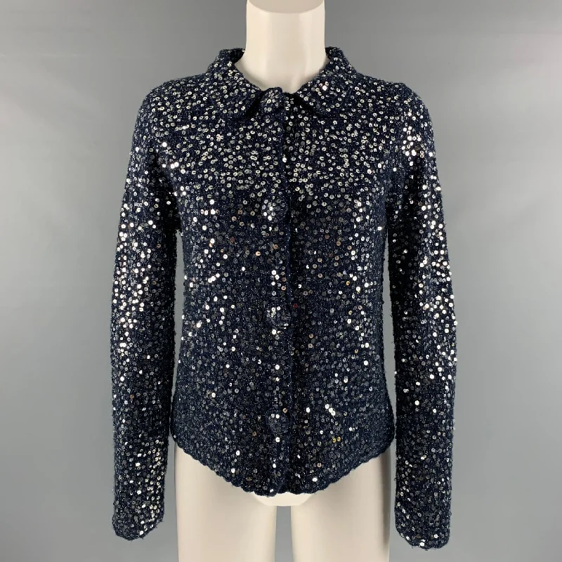 MANOUSH Size M Navy Silver Wool Blend Sequined Cropped Jacket Belted Jacket Elasticated Jacket Padded Jacket