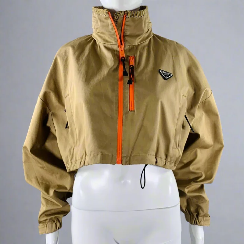 PRADA Size 2 Khaki Orange Cotton Blend Contrast Trim Crop Jacket Faux Fur Fabric Real Fur Fabric Shearling Fabric