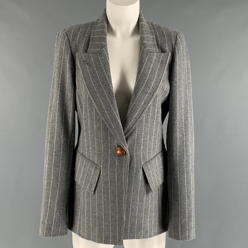 SMYTHE Size 10 Grey Cream Wool Blend chalk stripe Jacket Snapped Jacket Toggled Jacket Drawstring Jacket
