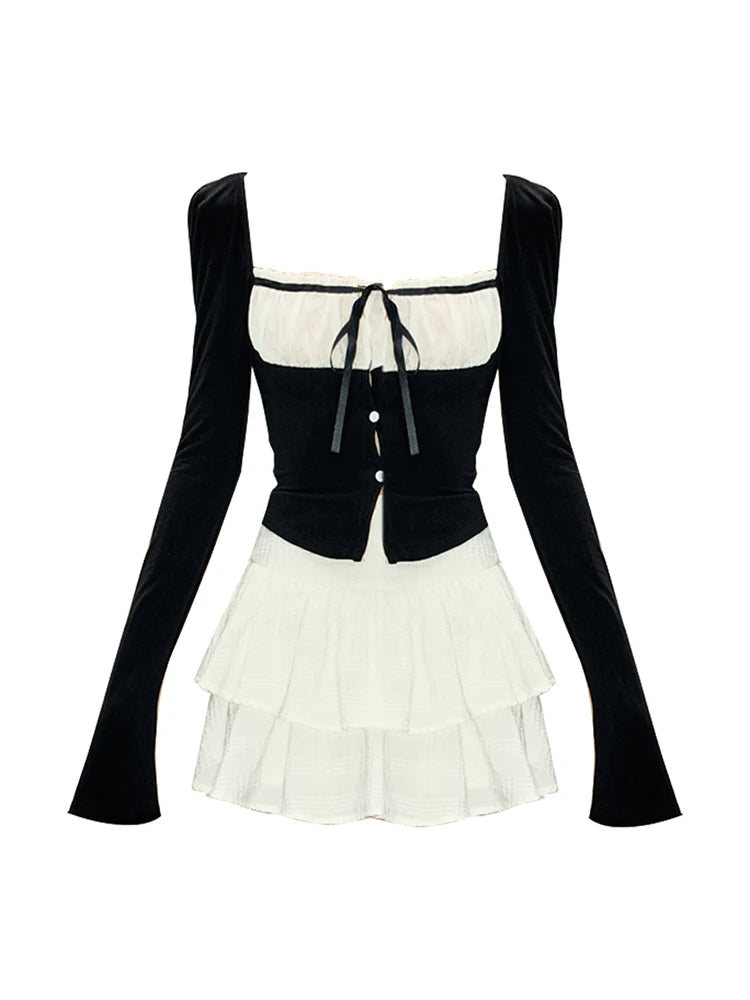 2023 Women Korean Fashion Y2k Outfits 2 Piece Set Long Sleeve Square Collar Sexy Gyaru Tops + Tide Mini Tierred Ruffles Skirts summer skirt style