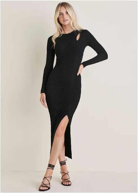 Ribbed Maxi Sweater Dress - Black Plaid Sweater Polka Dot Checkered