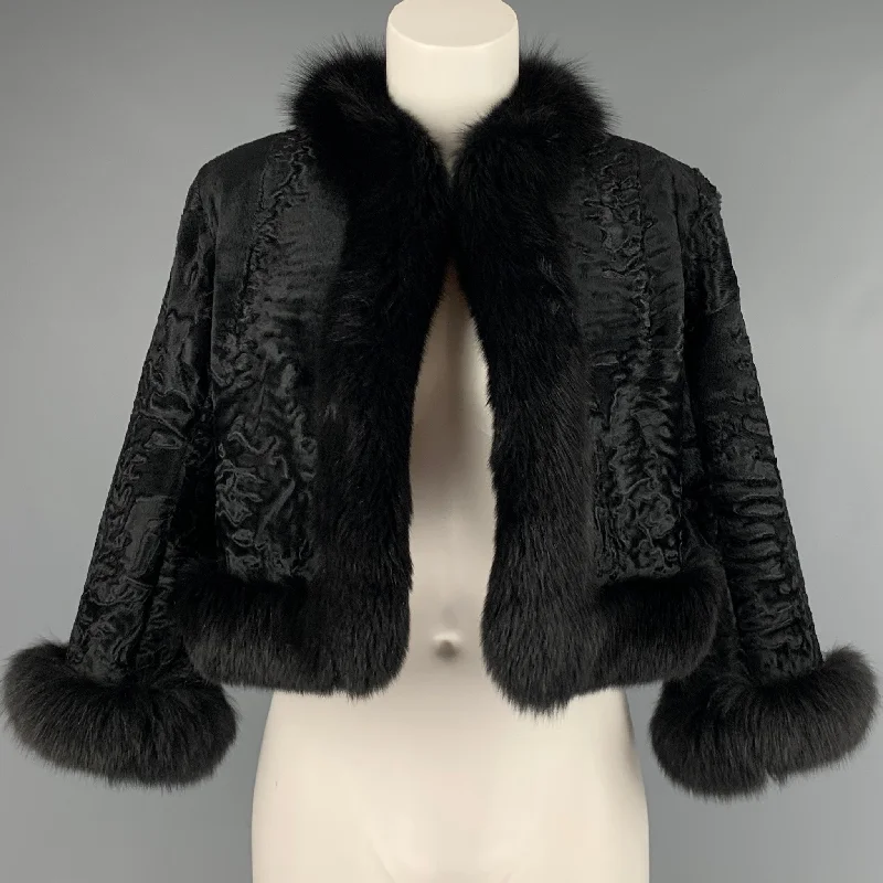 TRILOGY Size M Black Persian Lamb Cropped Jacket Zippered Front Buttoned Front Snap Front