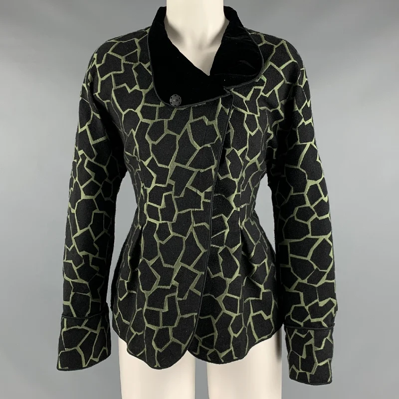 EMPORIO ARMANI Size 8 Black Green Acrylic Blend Jacquard Jacket Boat Neck Shawl Collar Notched Collar