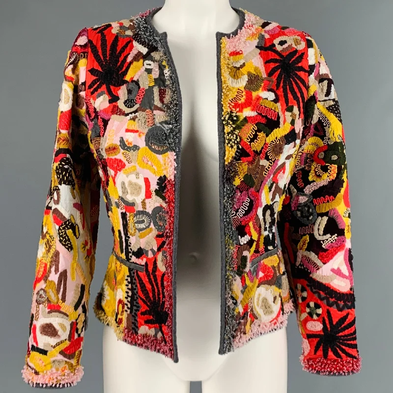 OSCAR DE LA RENTA Size 6 Yellow Red Virgin Wool Blend Jacket Front Pockets Side Pockets Patch Pockets