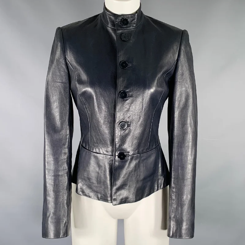 RALPH LAUREN Size 6 Navy Lambskin Leather Peplum Jacket Plaid Jacket Tartan Jacket Houndstooth Jacket