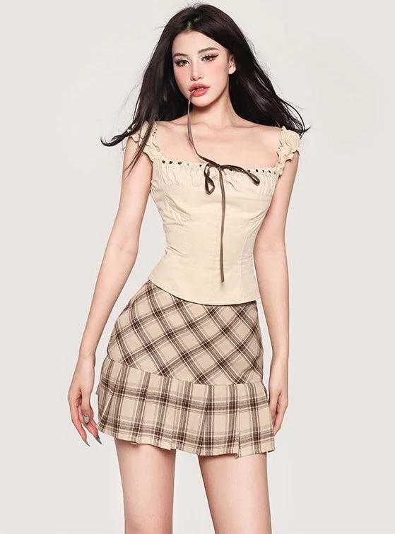 Maya Solid Color Khaki Lace Tie Wide Sleeve Square Neck Slim Top + Khaki Plaid High Waist Mini Skirt Matching Set denim skirt fashionable