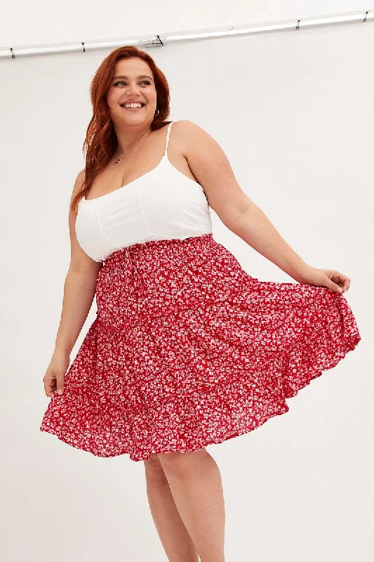 Red Ditsy Mini Skirt High Rise Tiered chiffon skirt airy