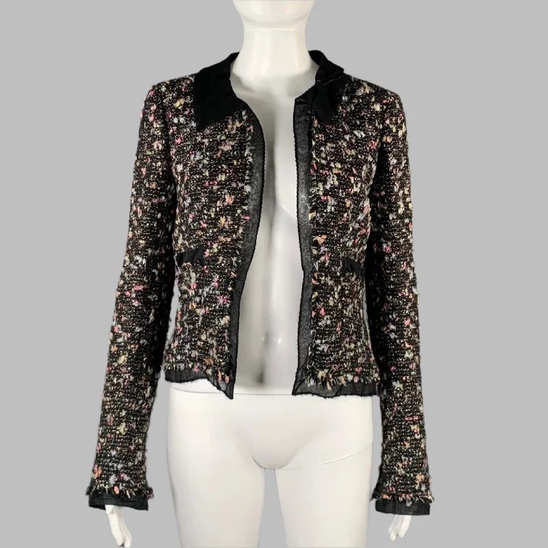 CHANEL Size 4 Black Multi-Color Wool Blend Open Front Jacket Herringbone Jacket Houndstooth Jacket Plaid Jacket