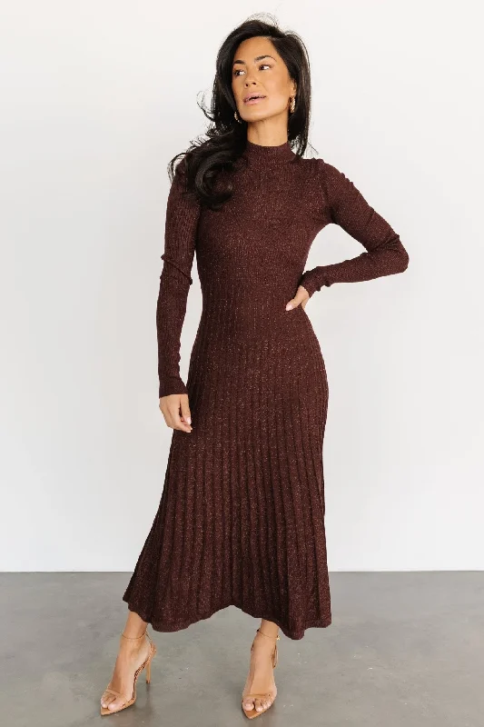 Jamelia Pleated Sweater Dress | Brown + Gold Hooded Sweater Collared Sweater Shawl Collar