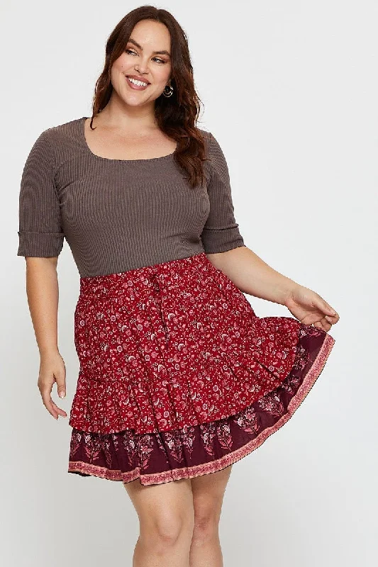 Boho Print Mini Skater Skirt Elastic Waist corduroy skirt cozy