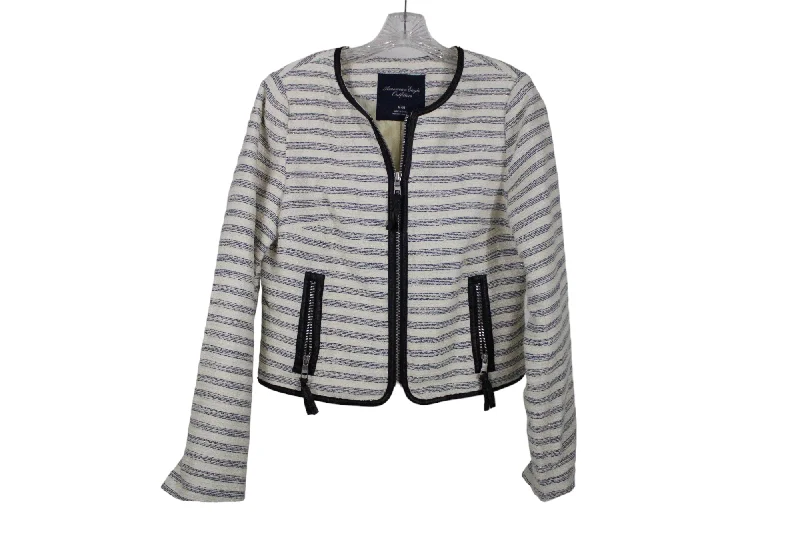 American Eagle Cream Blue Striped Jacket | M Plaid Jacket Tartan Jacket Houndstooth Jacket