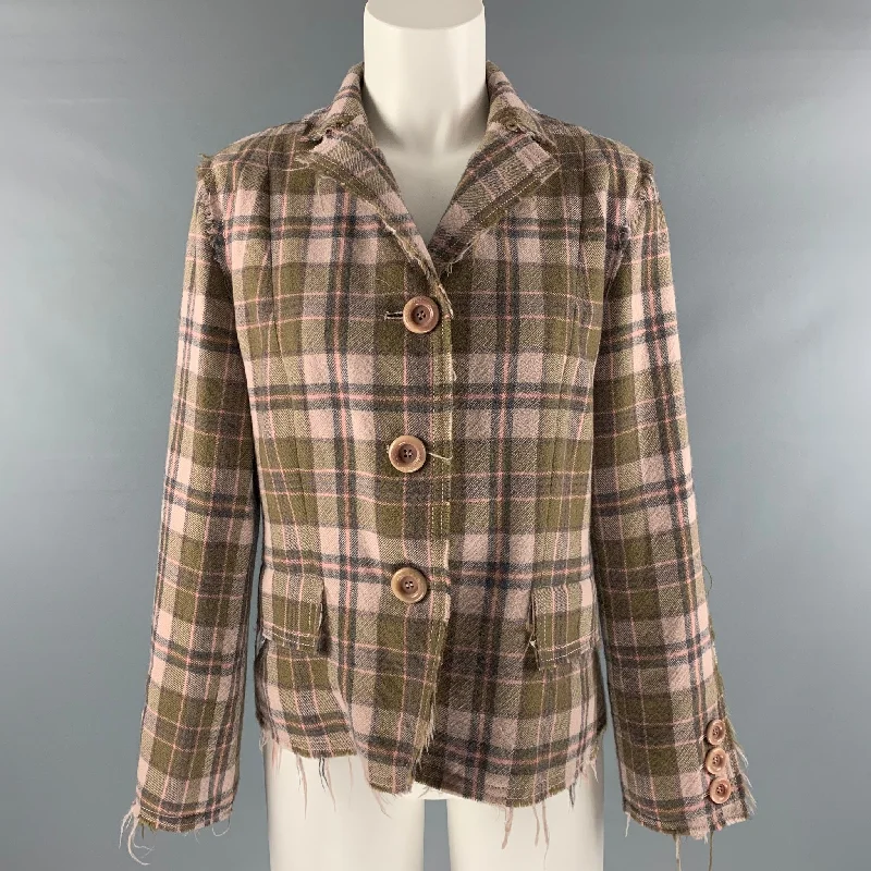 MOSCHINO Size 12 Pink Olive Wool Plaid Raw edge Jacket A-Line Jacket Boat Neck Shawl Collar