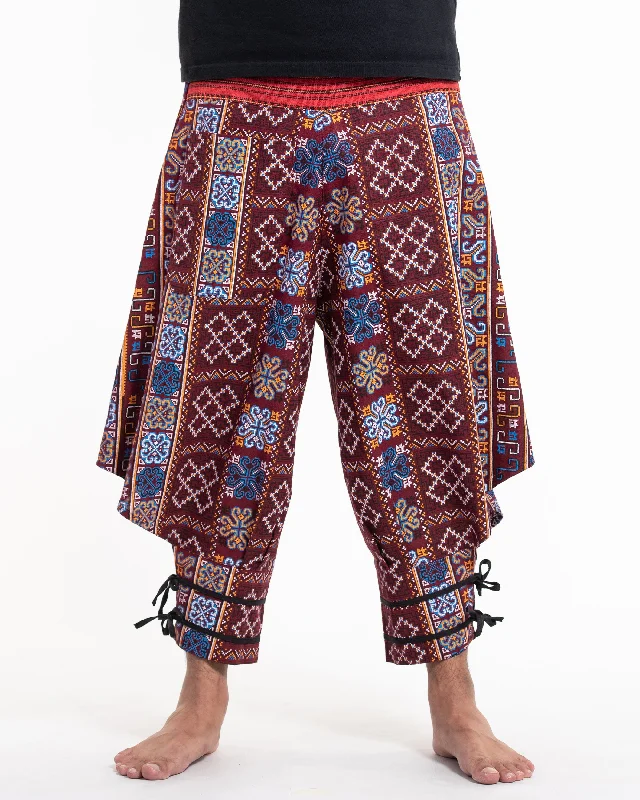 Clovers Thai Hill Tribe Fabric Harem Pants with Ankle Straps in Burgundy Cozy Knit Pants