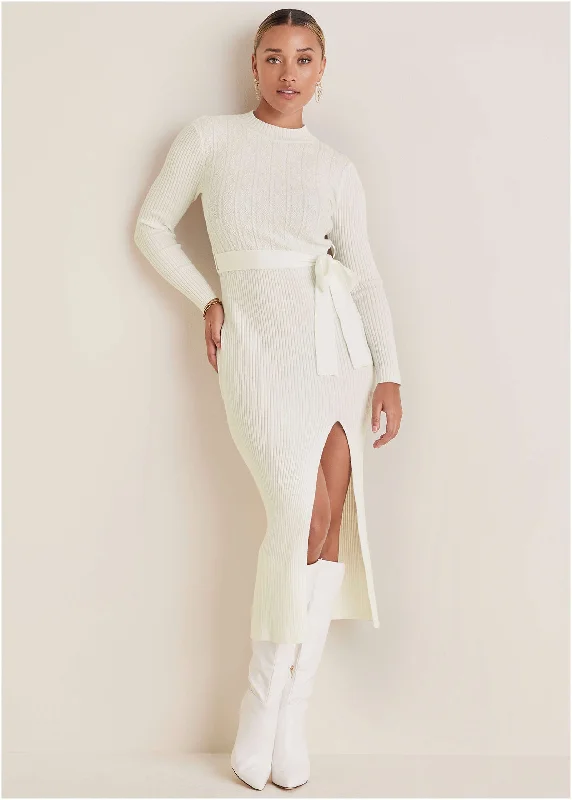 Belted Maxi Sweater Dress - Off White Slim Fit Regular Fit Oversized