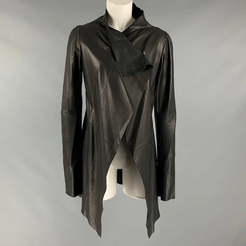 PEACHOO+KREJBERG Size M Black Leather Lamb Skin Jacket Notch Collar Jacket Peter Pan Collar Jacket Cowl Neck Jacket