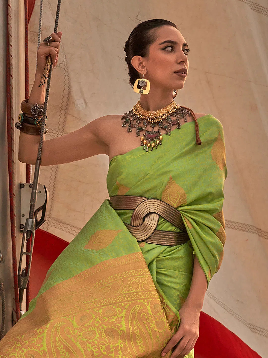Saree Mall Women's Blend Lime Green Woven Design Designer Saree With Blouse Piece-KOKRO308001 Asymmetric Hem Blouse Saree Mall Women's Blend Lime Green Woven Design Designer Saree With Blouse Piece-KOKRO308001 Asymmetric Hem Blouse