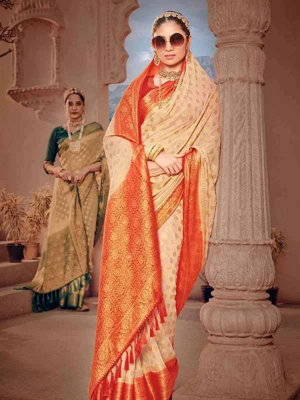 Saree Mall Women's Georgette Cream Woven Design Designer Saree With Blouse Piece-ARYA1003 High Neck Blouse Saree Mall Women's Georgette Cream Woven Design Designer Saree With Blouse Piece-ARYA1003 High Neck Blouse