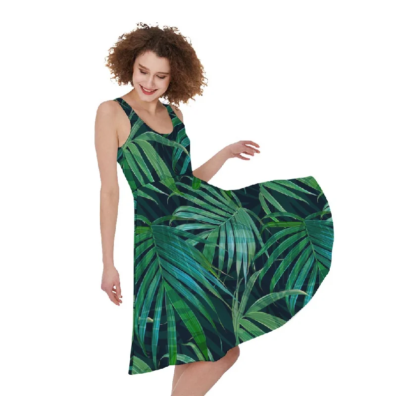 Dark Tropical Palm Leaves Pattern Print Sleeveless Knee Length Dress Tunics Hiking breathable Dark Tropical Palm Leaves Pattern Print Sleeveless Knee Length Dress Tunics Hiking breathable