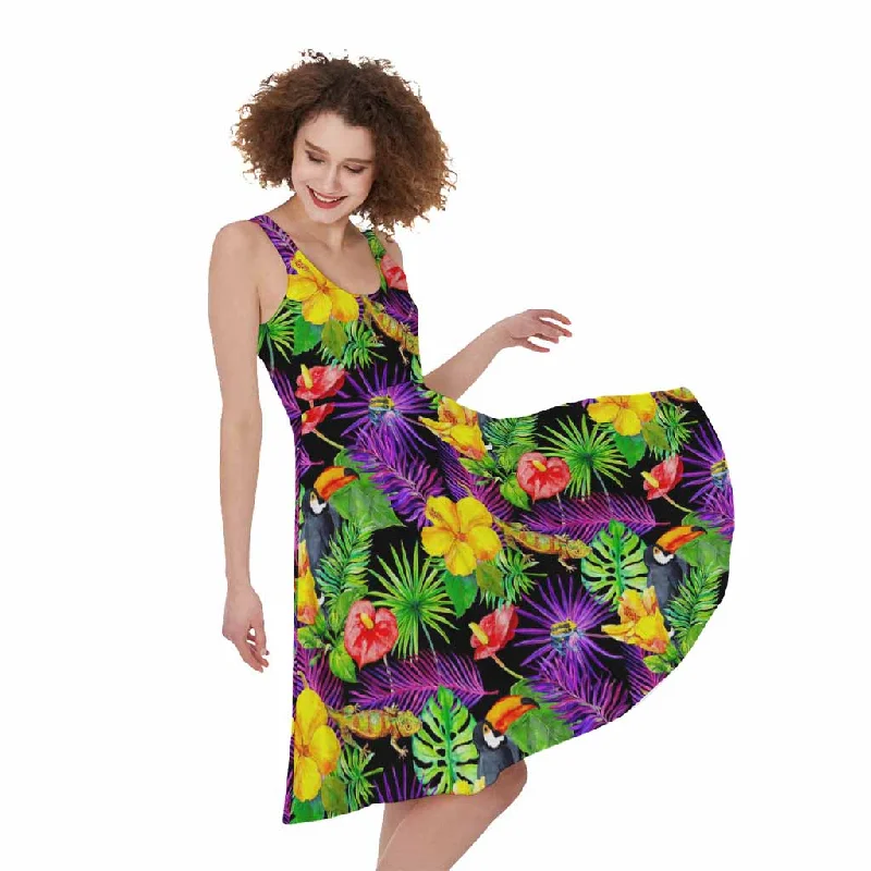 Dark Hawaiian Tropical Pattern Print Sleeveless Knee Length Dress Tunics Sale discount Dark Hawaiian Tropical Pattern Print Sleeveless Knee Length Dress Tunics Sale discount