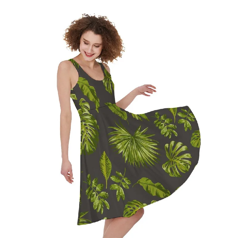 Dark Tropical Leaf Pattern Print Sleeveless Knee Length Dress Tunics Evening elegant Dark Tropical Leaf Pattern Print Sleeveless Knee Length Dress Tunics Evening elegant