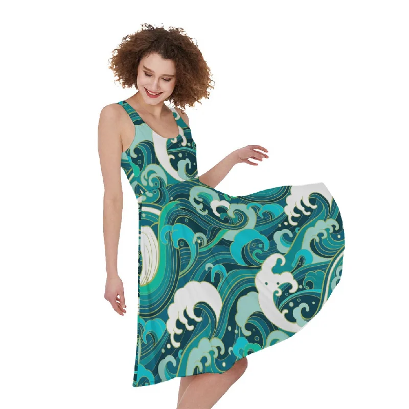 Deep Sea Wave Surfing Pattern Print Sleeveless Knee Length Dress Tunics Leisure comfortable Deep Sea Wave Surfing Pattern Print Sleeveless Knee Length Dress Tunics Leisure comfortable