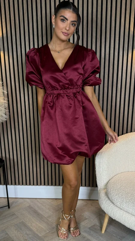 Simona Cherry Red Puff Sleeve Sateen Mini Dress Classic Black Mini Dress