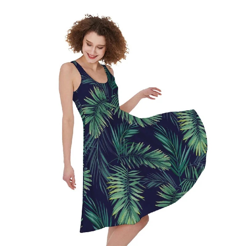 Dark Tropical Palm Leaf Pattern Print Sleeveless Knee Length Dress Tunics Business professional Dark Tropical Palm Leaf Pattern Print Sleeveless Knee Length Dress Tunics Business professional