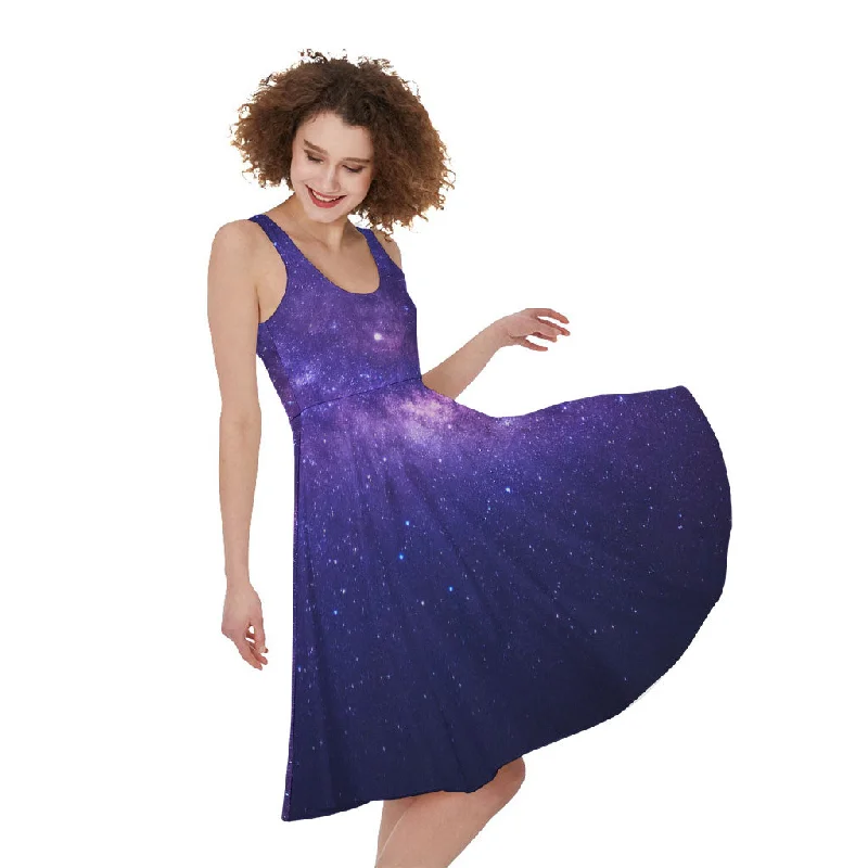Dark Purple Milky Way Galaxy Space Print Sleeveless Knee Length Dress Tunics Seasonal trendy Dark Purple Milky Way Galaxy Space Print Sleeveless Knee Length Dress Tunics Seasonal trendy