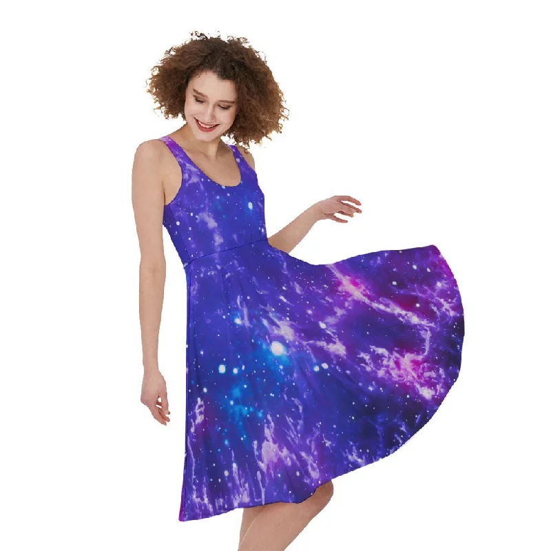 Dark Purple Universe Galaxy Space Print Sleeveless Knee Length Dress Tunics Bridal satin Dark Purple Universe Galaxy Space Print Sleeveless Knee Length Dress Tunics Bridal satin