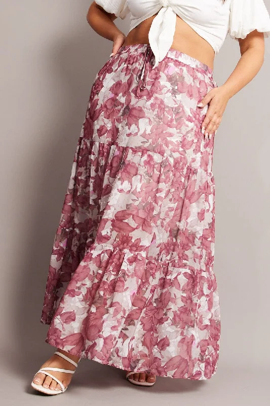 Pink Floral Elastic Waist Chiffon Maxi Skirt spandex blend skirt