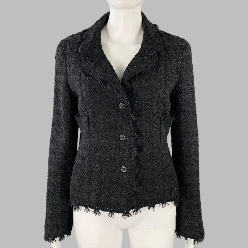 CHANEL Size 4 Black Cotton Blend Boucle Single Breasted Jacket Blazer Denim Jacket Leather Jacket Suede Jacket CHANEL Size 4 Black Cotton Blend Boucle Single Breasted Jacket Blazer Denim Jacket Leather Jacket Suede Jacket