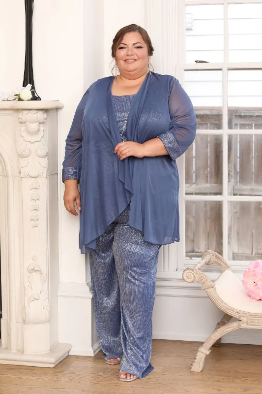 Women Plus Size Crinkle Pantsuit with Mesh Chiffon Jacket and Necklace Set Embroidered Jacket Appliqued Jacket Beaded Jacket Women Plus Size Crinkle Pantsuit with Mesh Chiffon Jacket and Necklace Set Embroidered Jacket Appliqued Jacket Beaded Jacket
