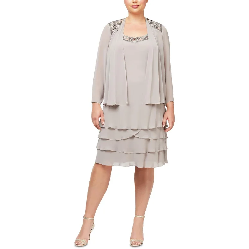 SLNY Womens Plus 2PC Chiffon Dress With Jacket Wool Fabric Cashmere Fabric Tweed Fabric SLNY Womens Plus 2PC Chiffon Dress With Jacket Wool Fabric Cashmere Fabric Tweed Fabric