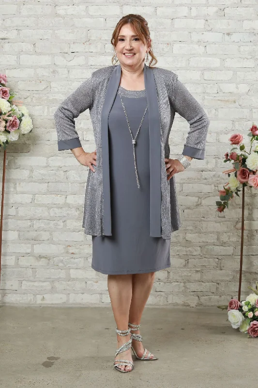 Women's Sleeveless Dress and Jacket Set with Metallic Touches A-Line Jacket Boat Neck Shawl Collar Women's Sleeveless Dress and Jacket Set with Metallic Touches A-Line Jacket Boat Neck Shawl Collar